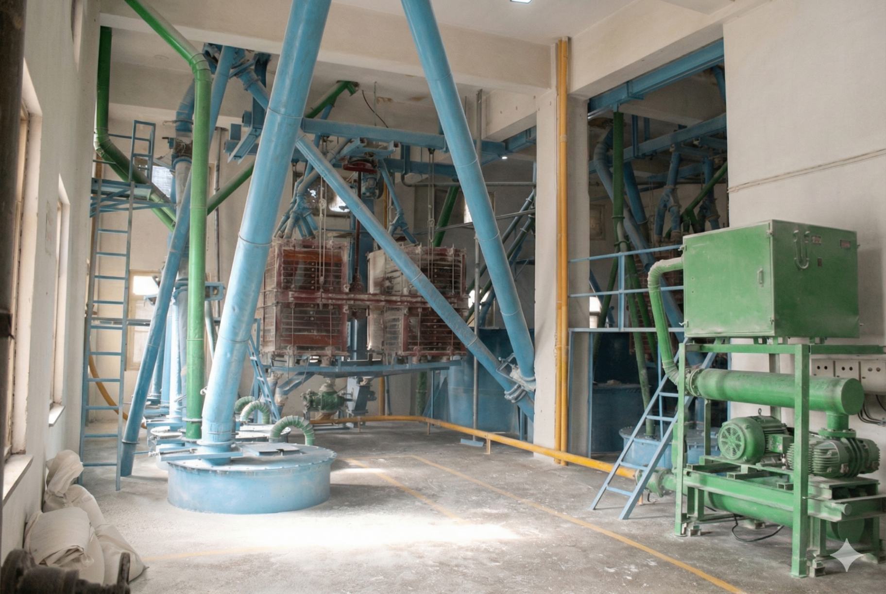 Inside B.D. Guar Pvt. Ltd. factory - Guar Gum processing plant with pneumatic conveying systems and pulverizers in Kalol, Gujarat