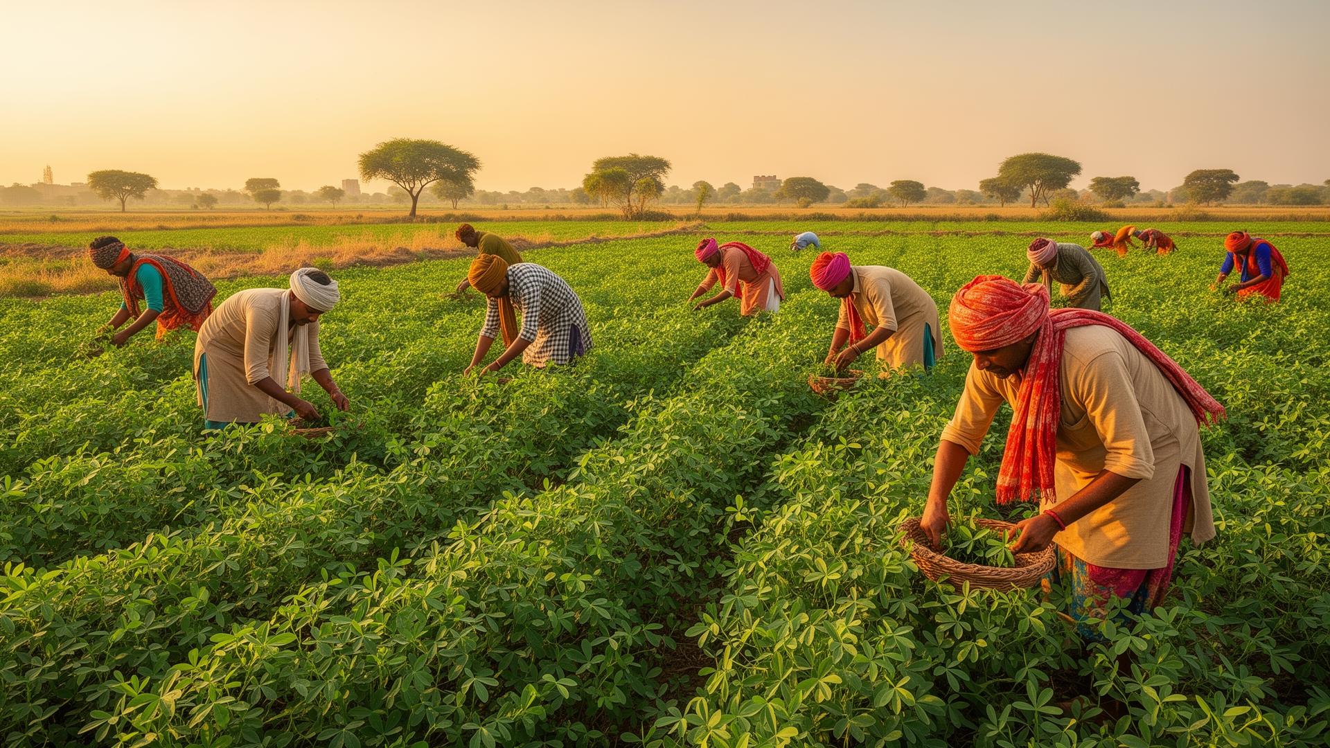 Indian Guar farmers harvesting in Rajasthan fields
