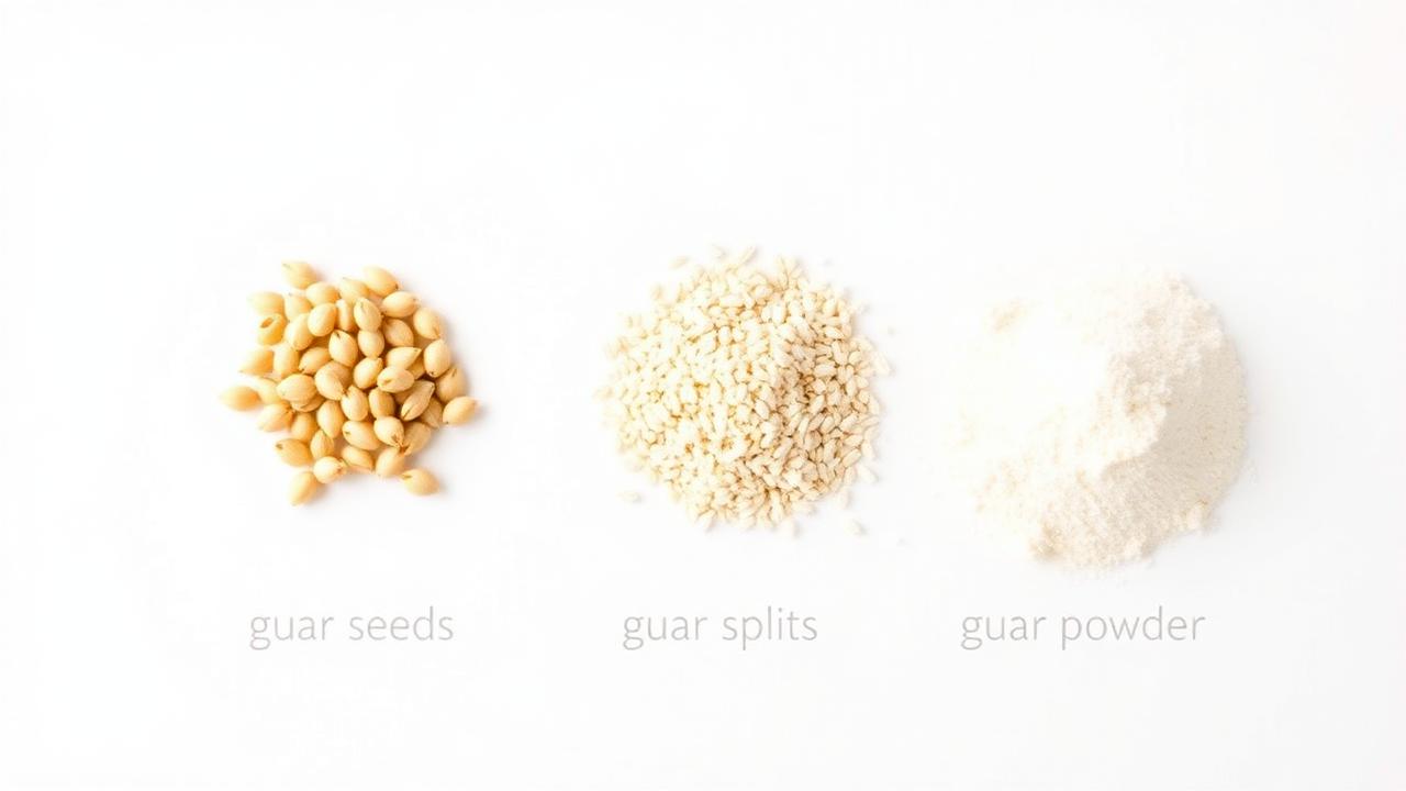 Three stages of Guar Gum: whole guar seeds, refined guar splits, and finished Guar Gum powder side by side on a white background