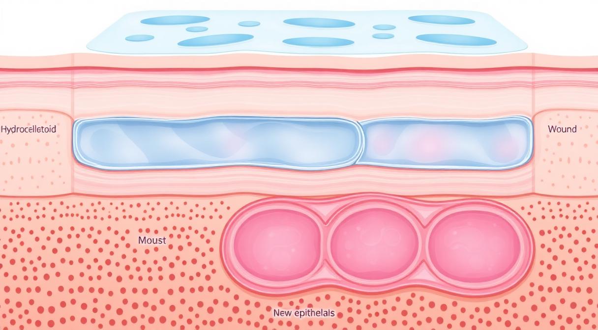 Cross-section of hydrocolloid dressing showing moist wound healing layers with Guar Gum biocompatible matrix