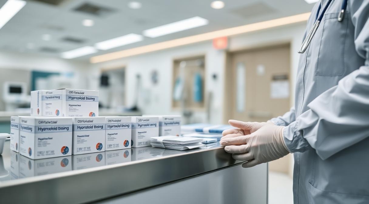 Hospital wound care station stocked with Guar Gum hydrocolloid dressing supplies for clinical use