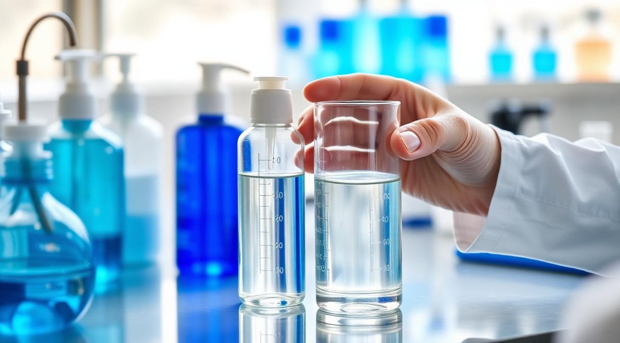 Cosmetic laboratory with clear shampoo conditioner samples being tested at B D Guar