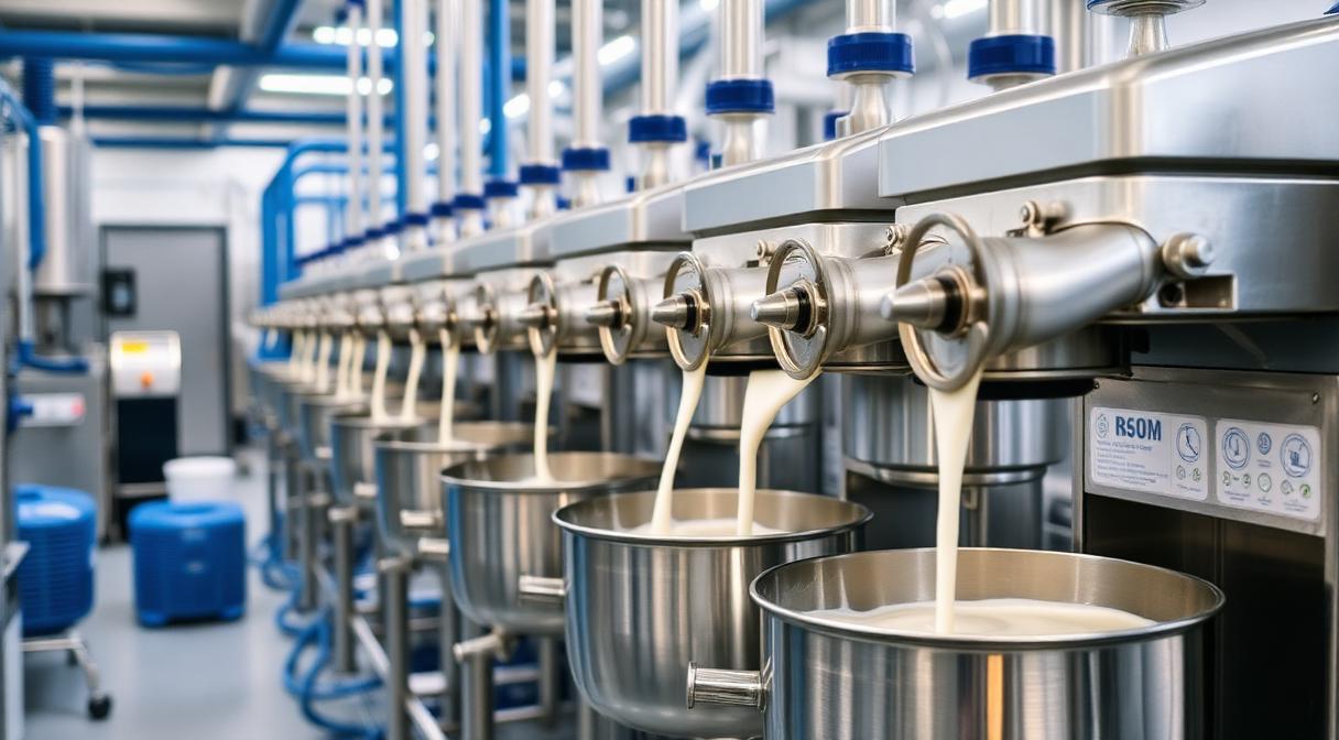 Industrial food production line with stainless steel mixers blending stabilisers into dairy products