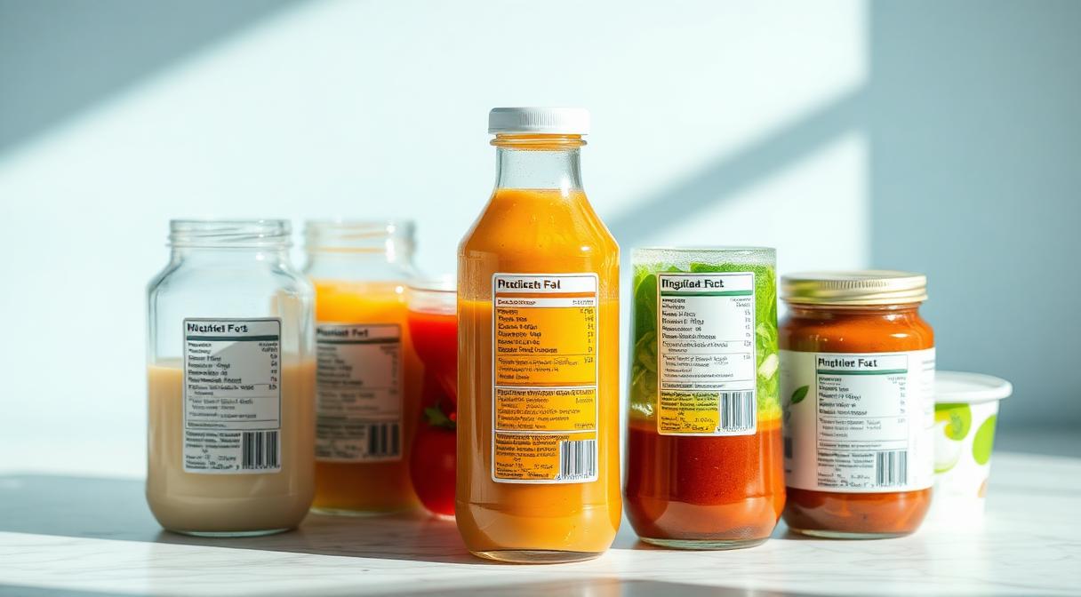 Clean label food packaging with visible ingredient lists in transparent jars and bottles