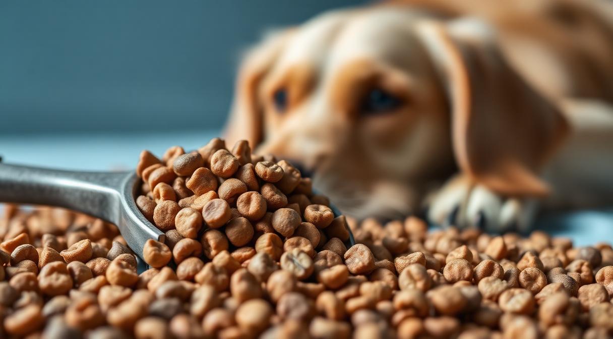 Premium dry dog food kibble in scoop with healthy retriever in background
