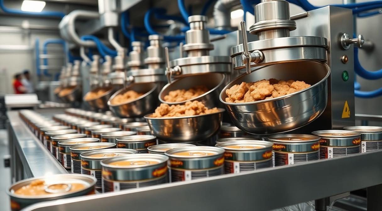 Industrial wet pet food production line with stainless steel mixers and canned products