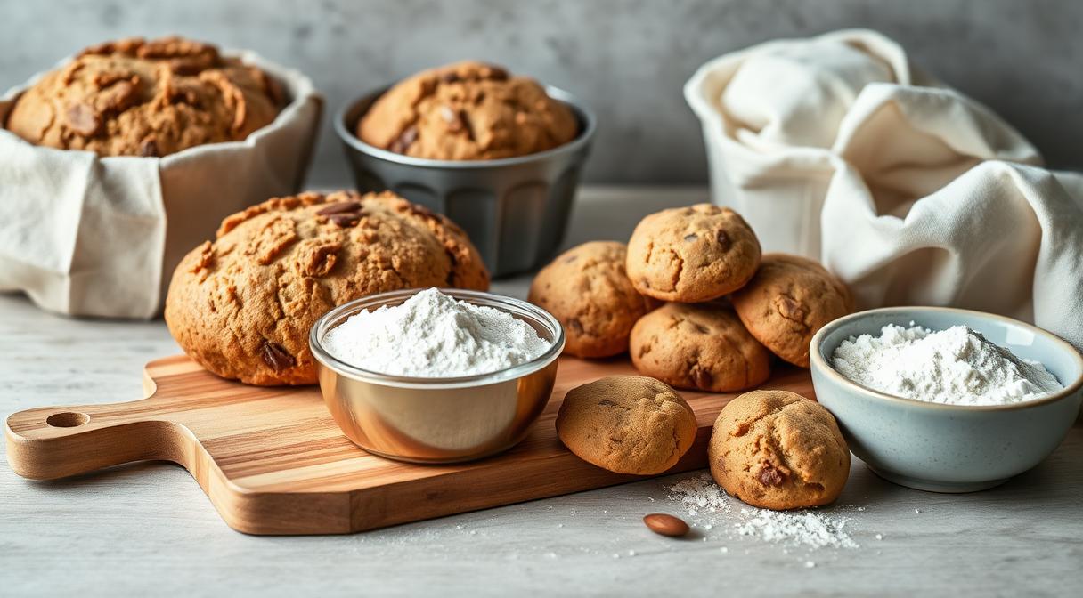 Assorted gluten free baked goods with Guar Gum and almond rice flour on rustic wooden board