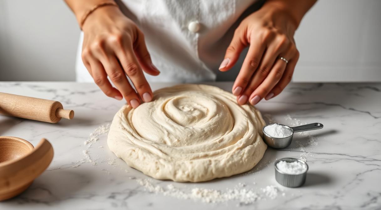 Hands shaping a gluten free dough with measuring spoon of Guar Gum on a marble surface
