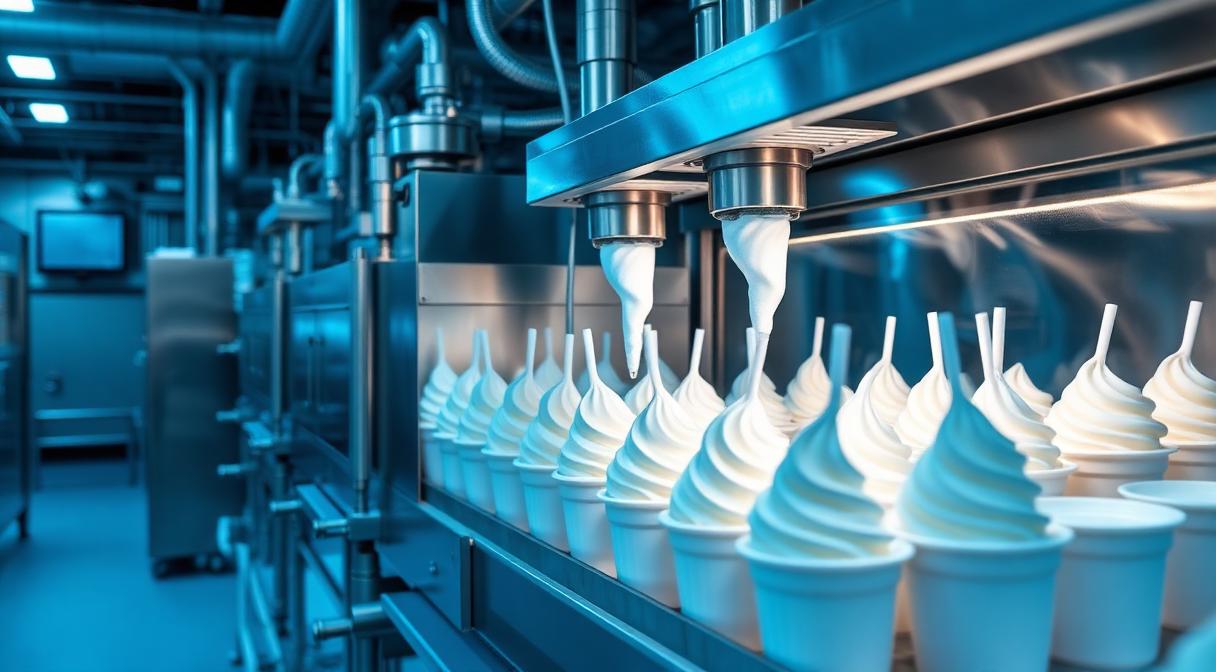 Industrial soft serve ice cream production line using Guar Gum stabiliser