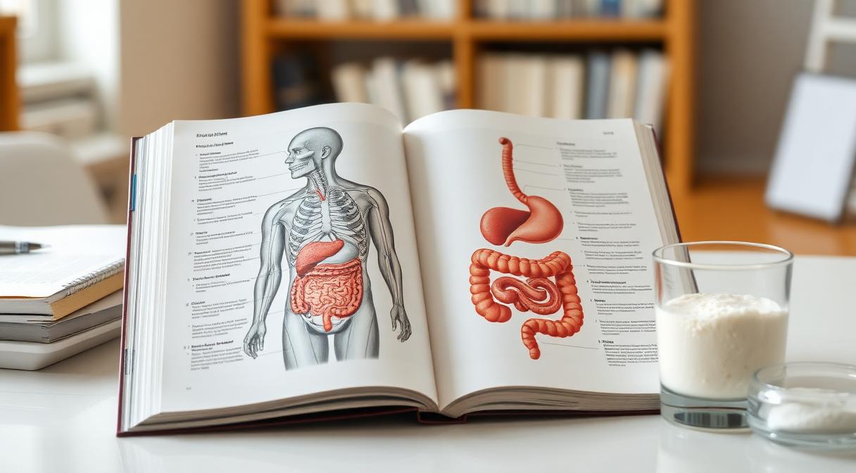 Scientific reference book showing digestive system anatomy with fiber supplement powder for Guar Gum safety review