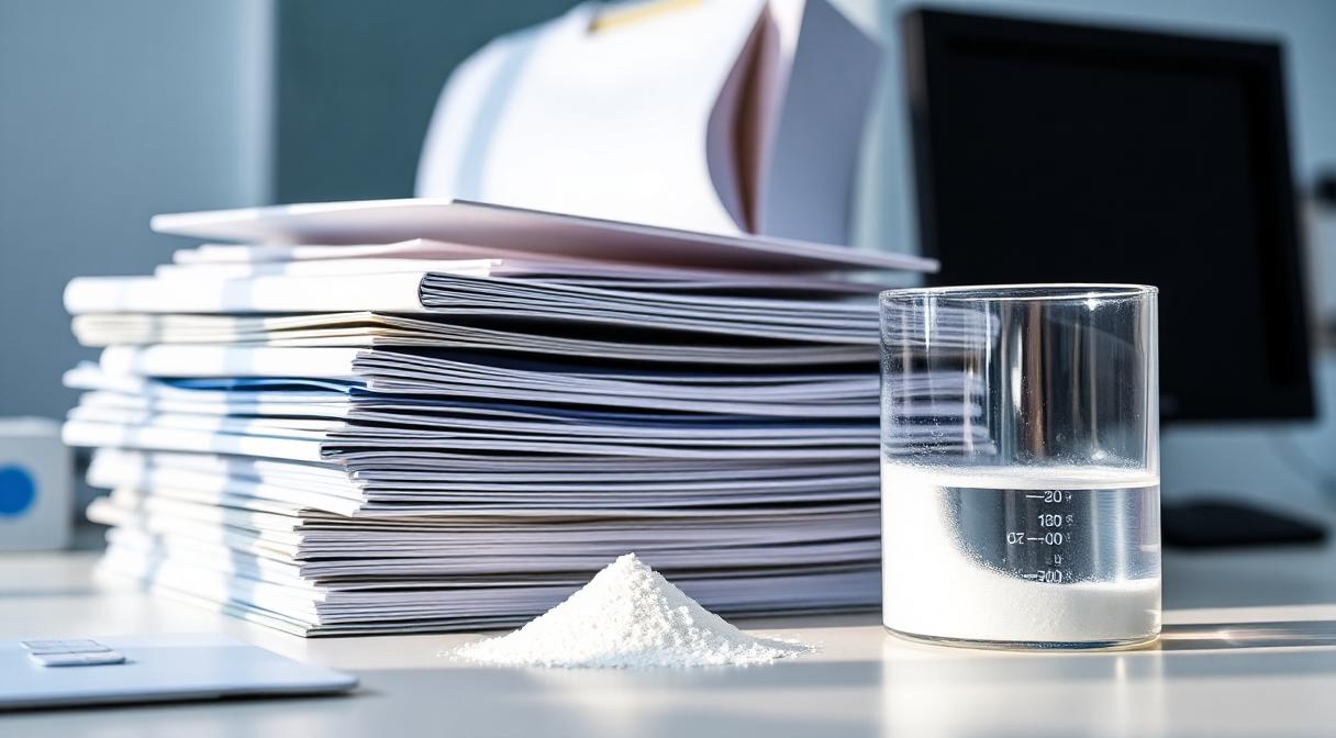 Regulatory dossiers and beaker of Guar Gum powder representing the documented food safety record