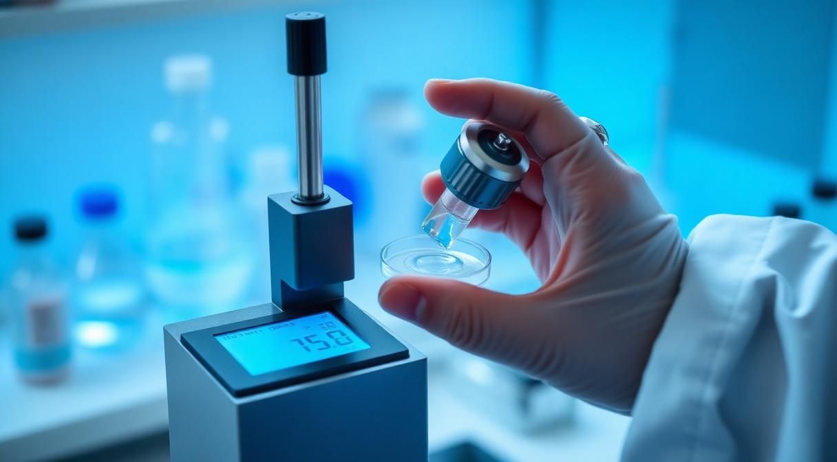Viscometer measuring Guar Gum gel sample in a quality control laboratory