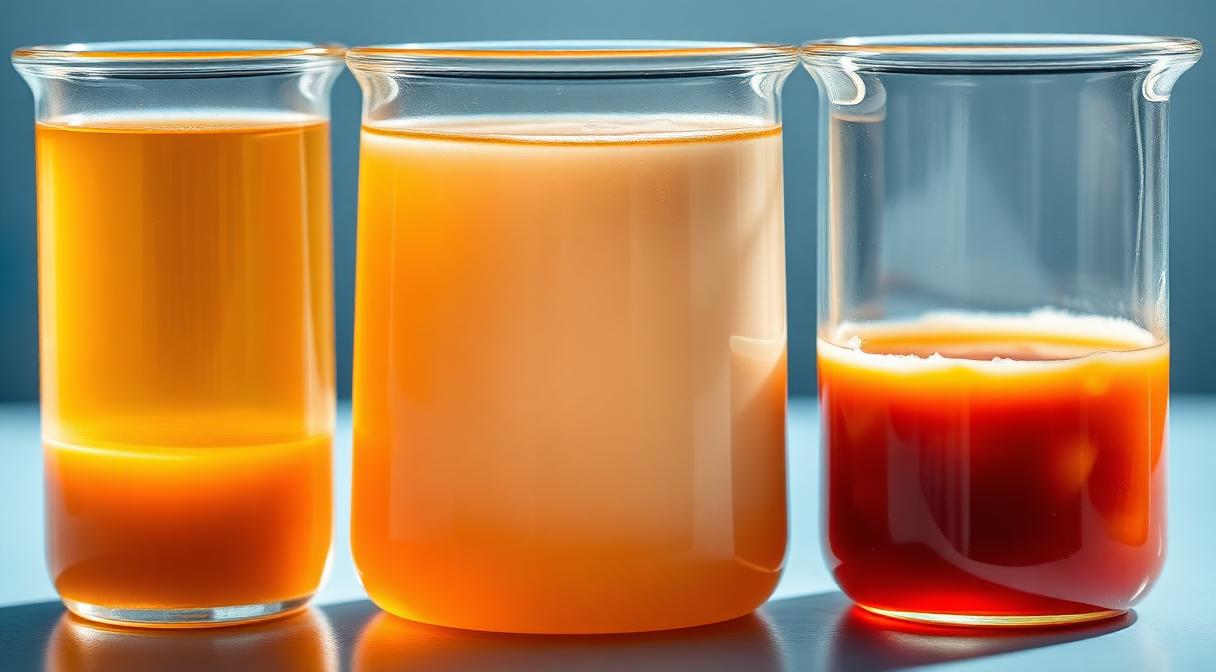Three beakers of sauce showing low medium and high viscosity Guar Gum thickened solutions