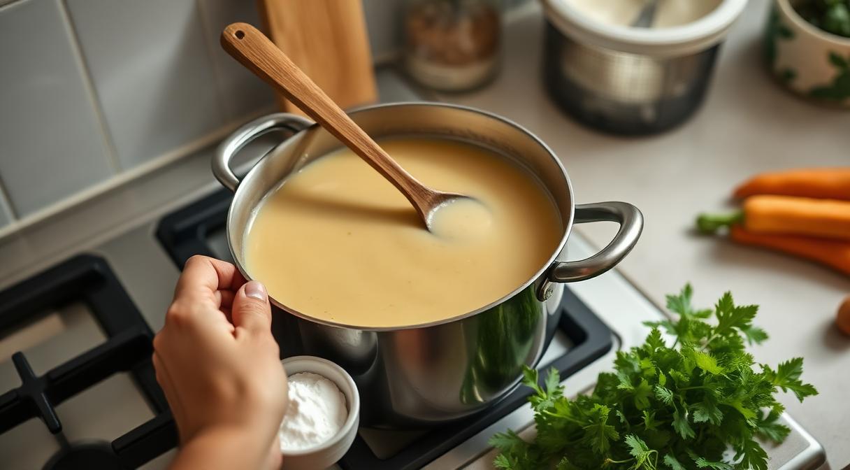 Home cook stirring creamy soup in a pot with small ramekin of Guar Gum powder for thickening