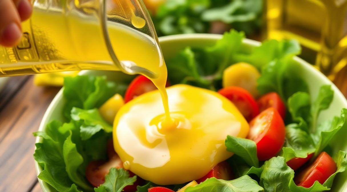 Homemade salad dressing being poured from a glass cruet onto fresh green salad