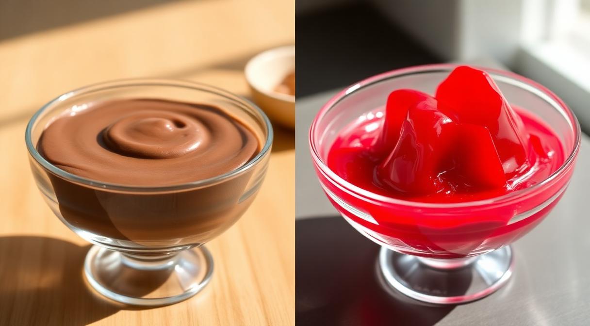 Side by side comparison of Guar Gum thickened pudding and Carrageenan jelly dessert