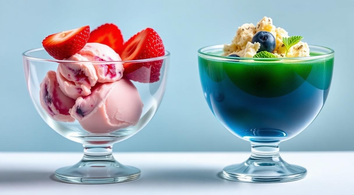 Guar Gum stabilised ice cream beside an LBG carrageenan gelled dessert