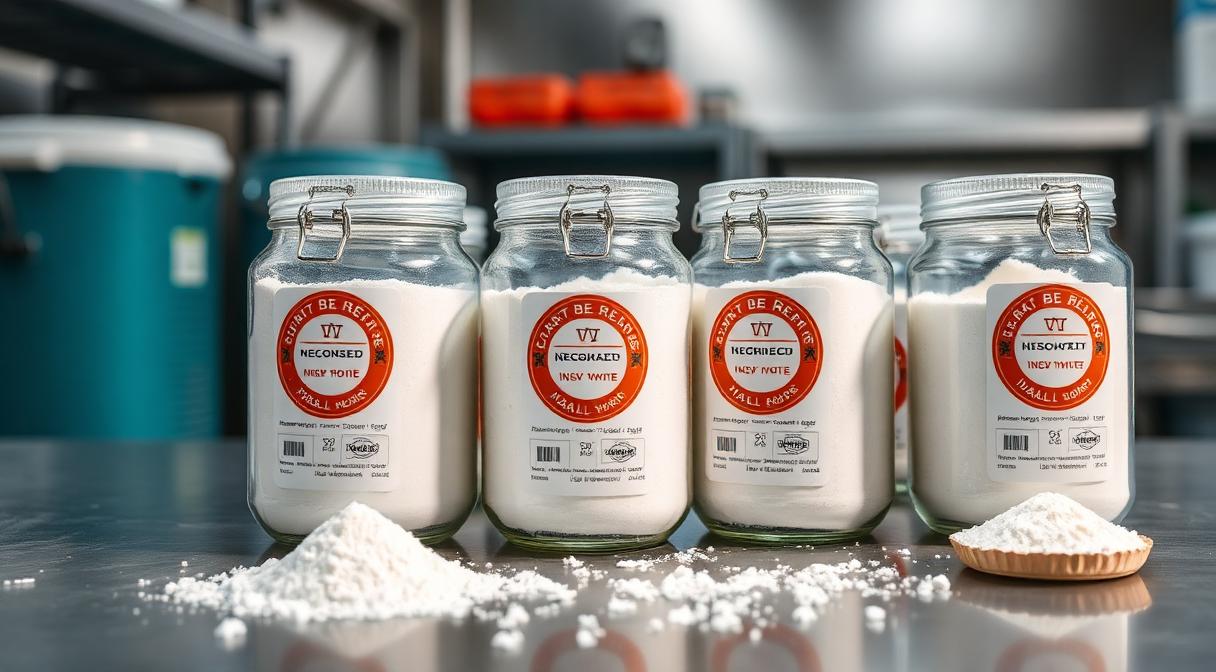 Sealed jars of Halal Kosher certified food grade Guar Gum powder in a clean facility