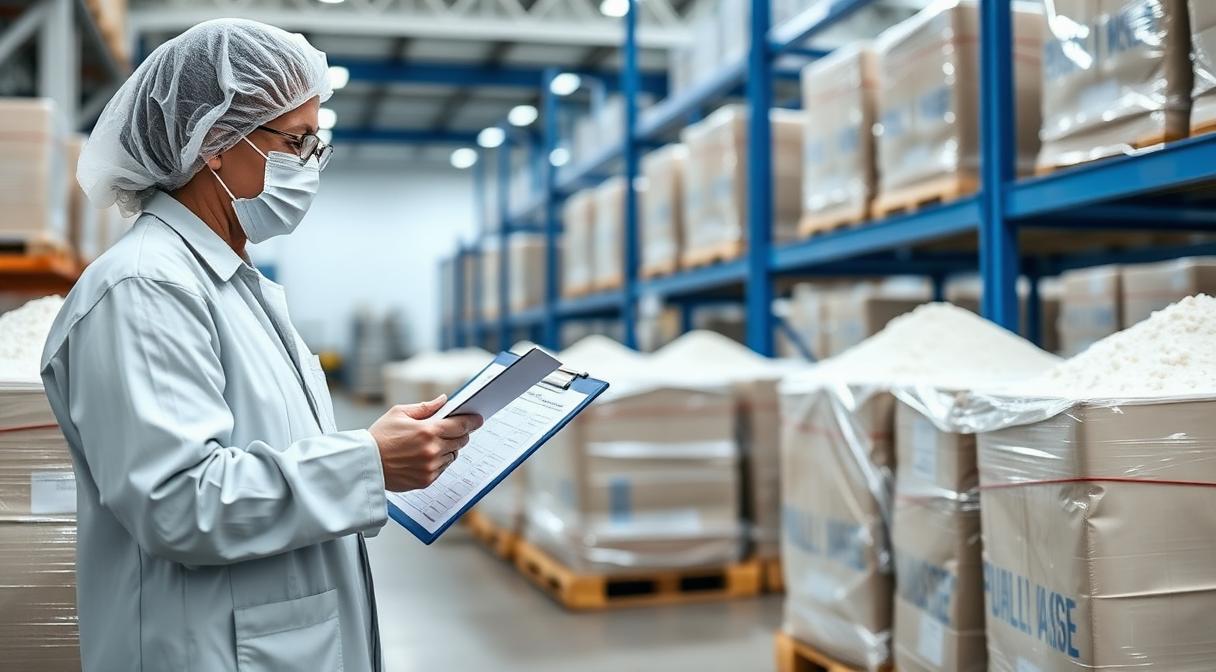 Food safety auditor inspecting sealed pallets of certified Guar Gum powder in clean warehouse