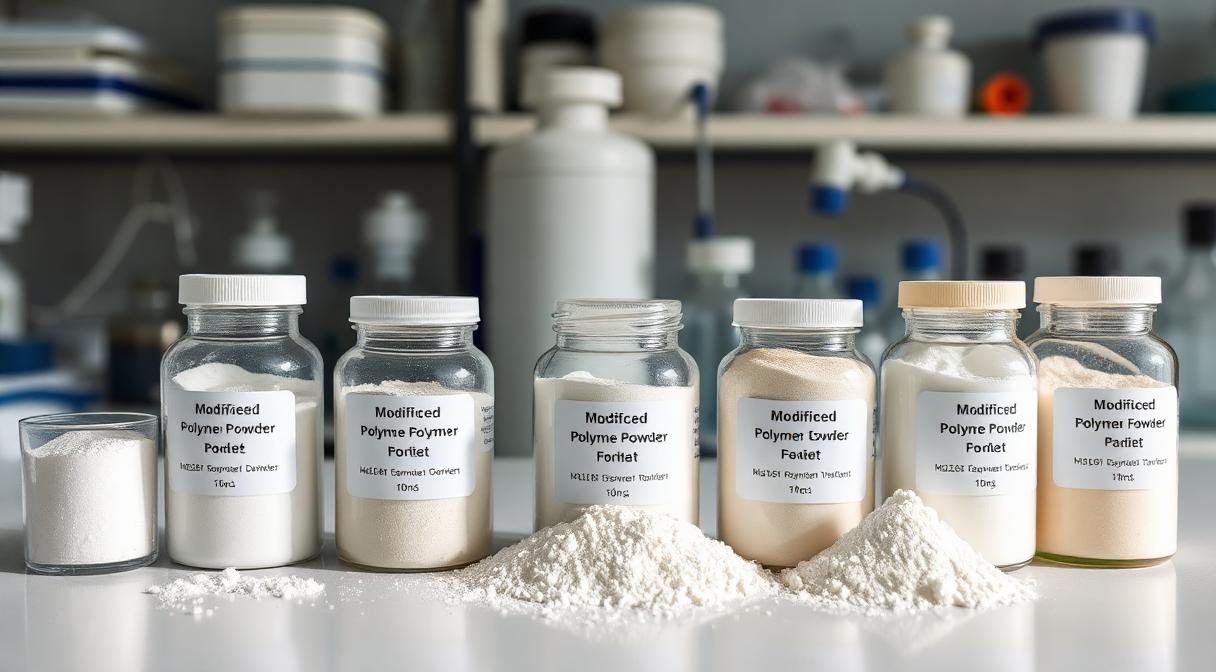Labeled jars of different Guar Gum polymer derivatives on lab bench