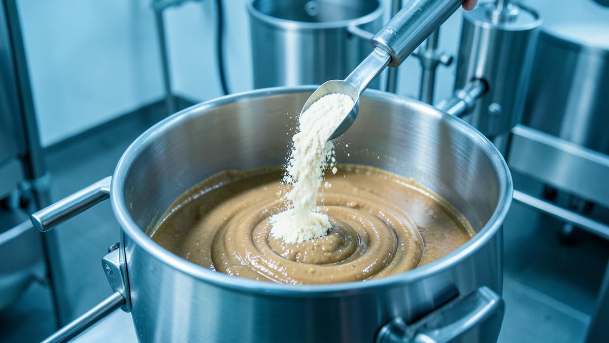 guar gum B D Guar powder dosing into a pet food gravy mixing tank