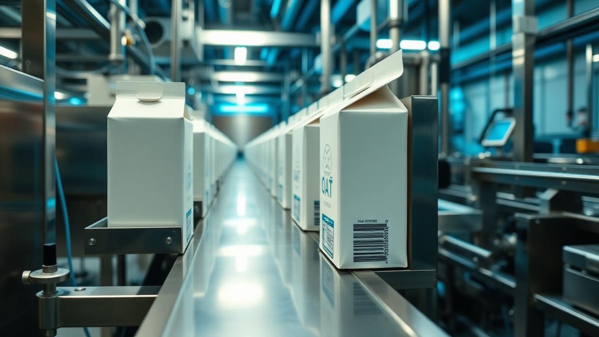 plant-based milk stabilization B D Guar oat milk carton filling on a production line